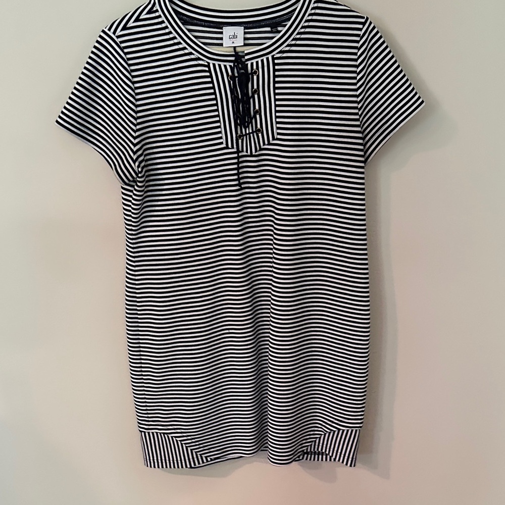 CAbi Monochrome Striped Lace-Up Tee
